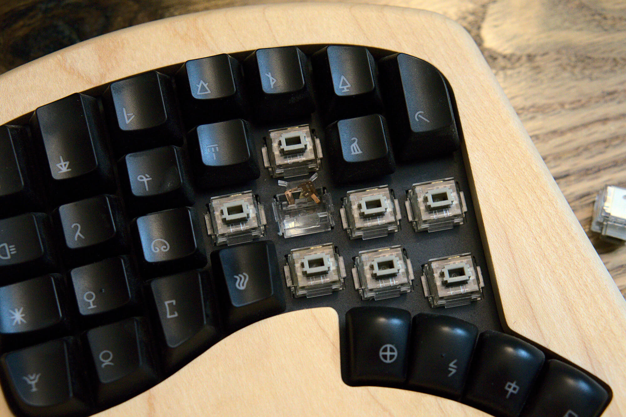 My beautiful Keyboardio Model01, with a destroyed keyswitch.