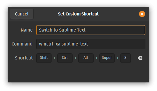 A screenshot of the Pop!_OS custom shortcuts window.